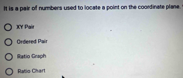It is a pair of numbers used to locate a point on the coordinate plane.
XY Pair
Ordered Pair
Ratio Graph
Ratio Chart