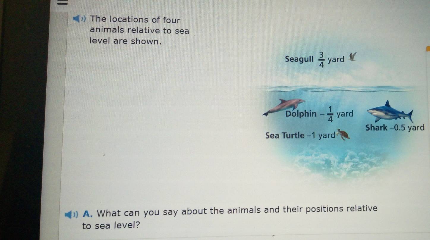 — 
The locations of four 
animals relative to sea 
level are shown. 
Seagull  3/4  yard
Dolphin - 1/4  yard
Shark -0.5 yard
Sea Turtle -1 yard
A. What can you say about the animals and their positions relative 
to sea level?