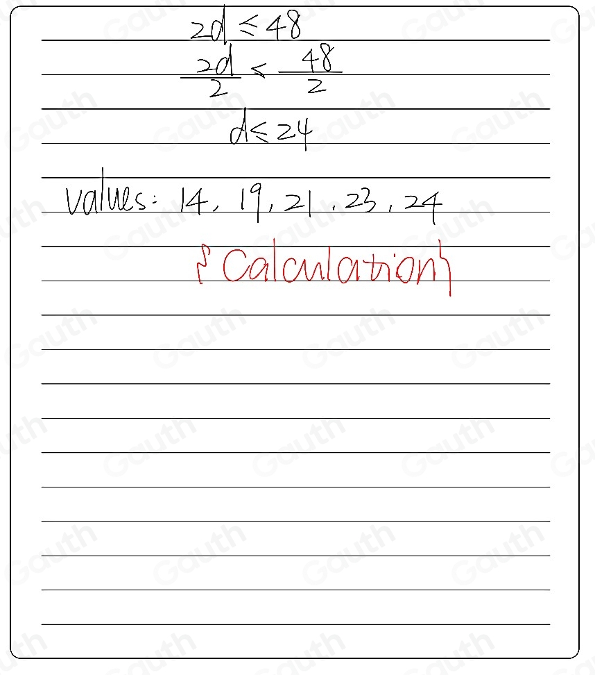 Solved: Select the values that make the inequality 2d≤ 48 true. Then ...