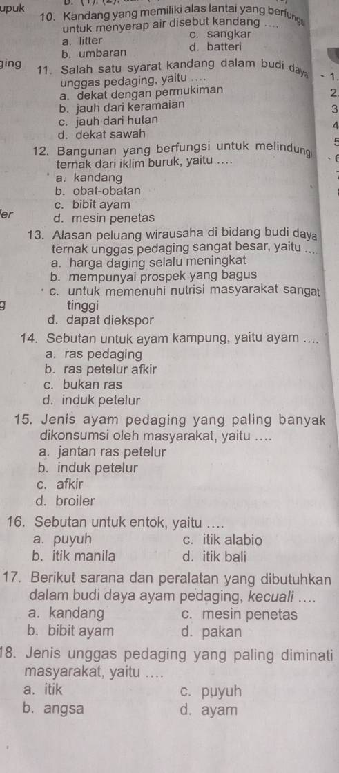 upuk D (1).
10. Kandang yang memiliki alas lantai yang berfung
untuk menyerap air disebut kandang ....
a、 litter c. sangkar
b. umbaran d. batteri
ging 11. Salah satu syarat kandang dalam budi day
unggas pedaging, yaitu ....
、 1.
a. dekat dengan permukiman 2
b. jauh dari keramaian
3
c. jauh dari hutan
4
d. dekat sawah
F
12. Bangunan yang berfungsi untuk melindung 、(
ternak dari iklim buruk, yaitu ...
a. kandang
b. obat-obatan
c. bibit ayam
er d. mesin penetas
13. Alasan peluang wirausaha di bidang budi daya
ternak unggas pedaging sangat besar, yaitu ..
a. harga daging selalu meningkat
b. mempunyai prospek yang bagus
c. untuk memenuhi nutrisi masyarakat sangat
. tinggi
d. dapat diekspor
14. Sebutan untuk ayam kampung, yaitu ayam ....
a. ras pedaging
b. ras petelur afkir
c. bukan ras
d. induk petelur
15. Jenis ayam pedaging yang paling banyak
dikonsumsi oleh masyarakat, yaitu ....
a. jantan ras petelur
b. induk petelur
c. afkir
d. broiler
16. Sebutan untuk entok, yaitu …..
a. puyuh c. itik alabio
b. itik manila d. itik bali
17. Berikut sarana dan peralatan yang dibutuhkan
dalam budi daya ayam pedaging, kecuali ....
a. kandang c. mesin penetas
b. bibit ayam d. pakan
18. Jenis unggas pedaging yang paling diminati
masyarakat, yaitu ....
a. itik c. puyuh
b. angsa d. ayam