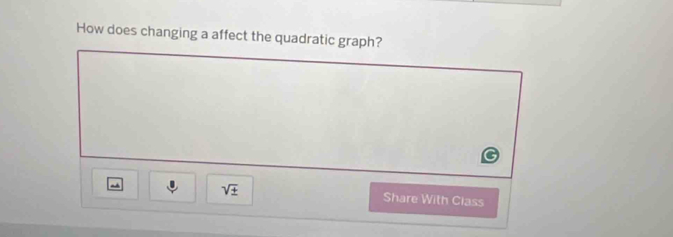 How does changing a affect the quadratic graph?
sqrt(± ) Share With Class