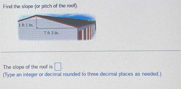 Find the slope (or pitch of the roof). 
The slope of the roof is □. 
(Type an integer or decimal rounded to three decimal places as needed.)