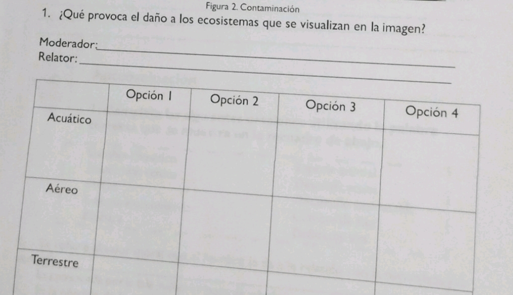 Figura 2. Contaminación 
1. ¿Qué provoca el daño a los ecosistemas que se visualizan en la imagen? 
Moderador 
Relator: 
_