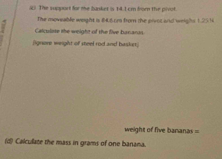 The support for the basker is 14.1 cm from the pivot. 
The moveable weight is 84.6.cm from the pivot and weighs 1.25N
Calculate the weight of the five bananas 
jignore weight of steel rod and basket] 
weight of five bananas = 
(d) Calculate the mass in grams of one banana.