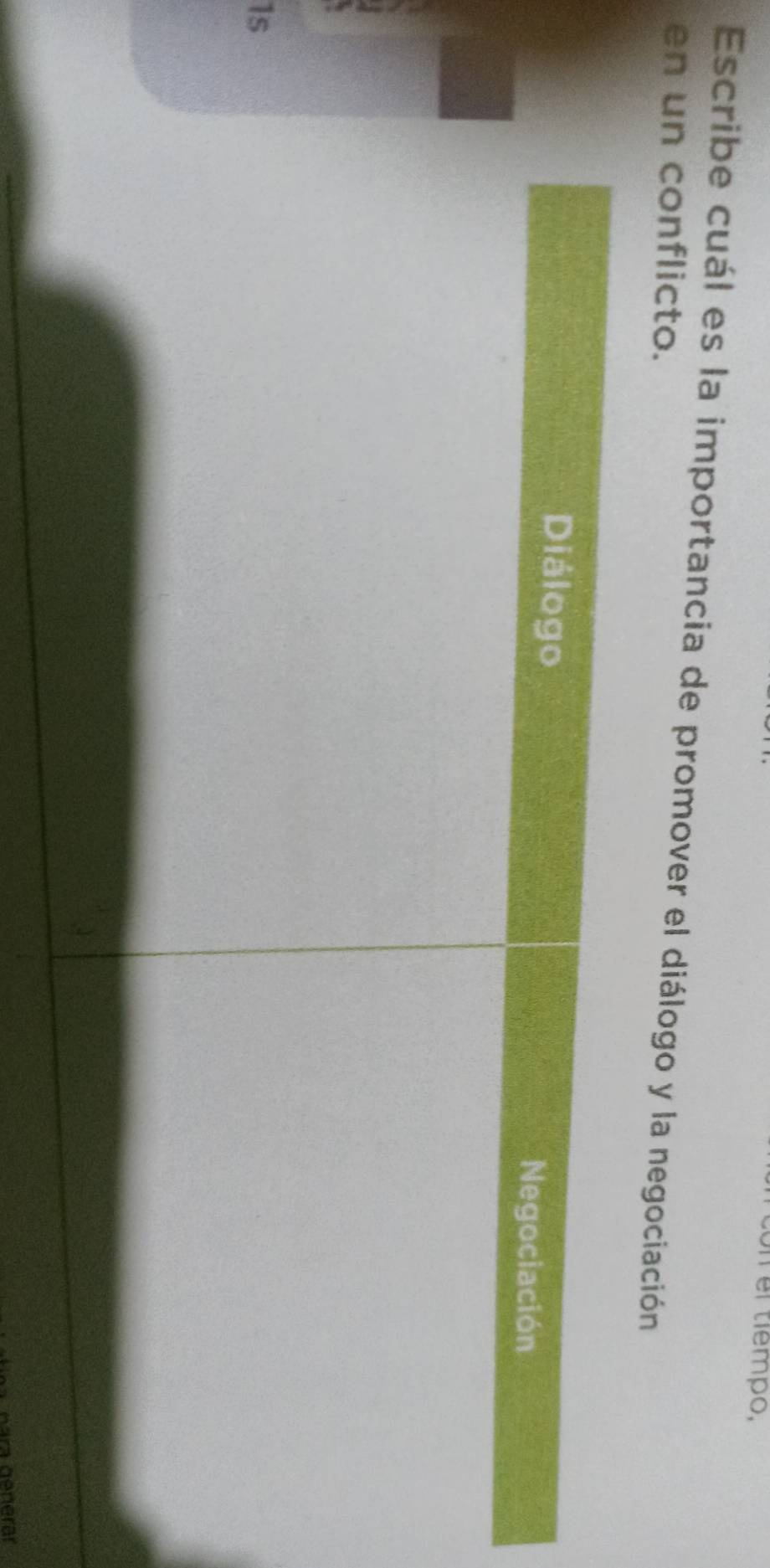 on el tiempo, 
Escribe cuál es la importancia de promover el diálogo y la negociación 
en un conflicto. 
1s 
ra genérar