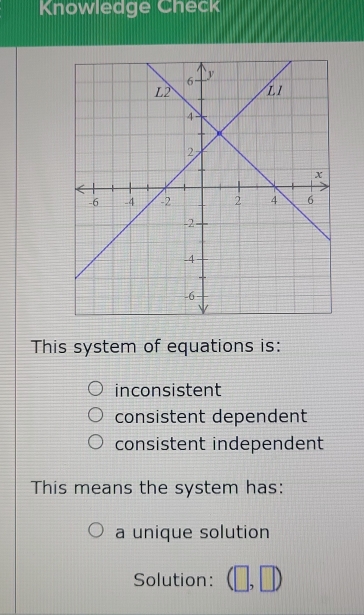 Knowledge Check
This system of equations is:
inconsistent
consistent dependent
consistent independent
This means the system has:
a unique solution
Solution: