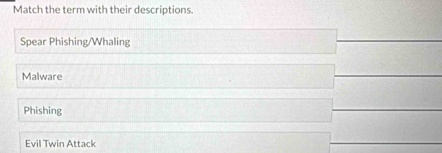 Match the term with their descriptions.
Spear Phishing/Whaling
Malware
Phishing
Evil Twin Attack