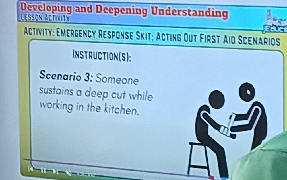 Developing and Deepening Understanding 
Lessón Activity 
Activity: Emergency Response Skit: Acting Out First Aid Scenarios 
Instruction(S): 
Scenario 3: Someone 
sustains a deep cut while 
working in the kitchen.