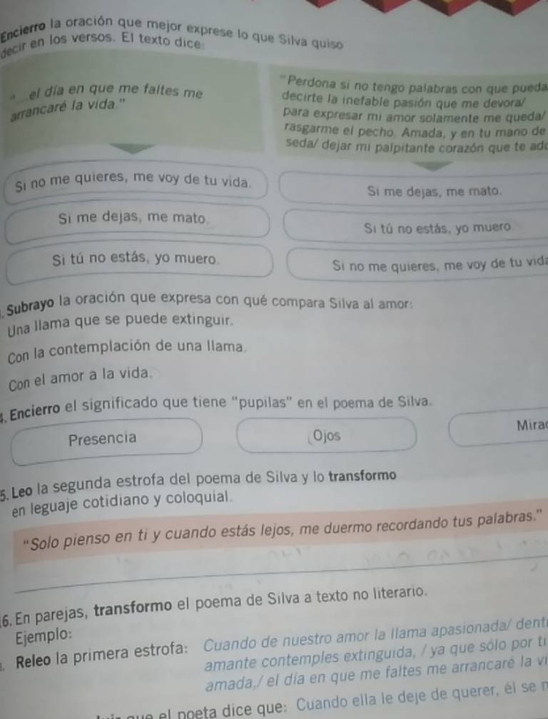 Encierro la oración que mejor exprese lo que Silva quiso
decir en los versos. El texto dice
Perdona si no tengo palabras con que pueda
el día en que me faltes me decirte la inefable pasión que me devora/
arrancaré la vida .''
para expresar mi amor solamente me queda/
rasgarme el pecho Amada, y en tu mano de
seda/ dejar mi palpitante corazón que te ade
Si no me quieres, me voy de tu vida.
Si me dejas, me mato.
Si me dejas, me mato.
Si tú no estás, yo muero
Si tú no estás, yo muero.
Si no me quieres, me voy de tu vida
. Subrayo la oración que expresa con qué compara Silva al amor:
Una llama que se puede extinguir.
Con la contemplación de una llama.
Con el amor a la vida.
Encierro el significado que tiene “pupilas” en el poema de Silva.
Presencia Ojos Mira
5. Leo la segunda estrofa del poema de Silva y lo transformo
en leguaje cotidiano y coloquial.
''Solo pienso en ti y cuando estás lejos, me duermo recordando tus palabras.''
6. En parejas, transformo el poema de Silva a texto no literario.
Ejemplo:
, Releo la primera estrofa: Cuando de nuestro amor la Ilama apasionada/ dentí
amante contemples extinguida, / ya que sólo por ti
amada,/ el día en que me faltes me arrancaré la vi
un el poeta dice que: Cuando ella le deje de querer, él se n