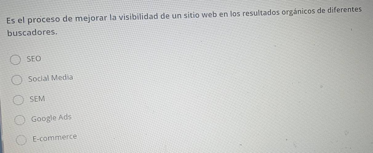 Es el proceso de mejorar la visibilidad de un sitio web en los resultados orgánicos de diferentes
buscadores.
SEO
Social Media
SEM
Google Ads
E-commerce