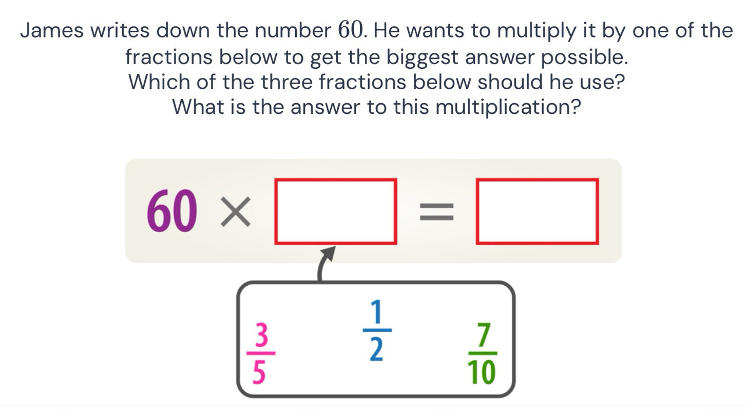 James writes down the number 60. He wants to multiply it by one of the
fractions below to get the biggest answer possible.
Which of the three fractions below should he use?
What is the answer to this multiplication?
60* □ =□
 3/5 
 1/2 
 7/10 