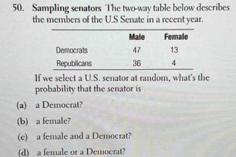 Sampling senators The two-way table below describes 
the members of the U.S Senate in a recent year. 
If we select a U.S. senator at random, what's the 
probability that the senator is 
(a) a Democrat? 
(b) a female? 
(c) a female and a Democrat? 
(d) a female or a Democrat?