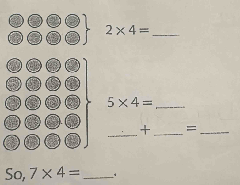 2* 4= _ 
_ 5* 4=
_ 
_+ 
_= 
So, 7* 4= _