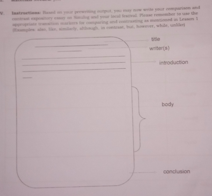 Instructions: Based on your prewriting output, you may now write your comparison and 
contrast expository essay on Sinulog and your local festival. Please remember to use the 
appropriate transition markers for comparing and contrasting as mentioned in Lesson 1 
(Examples: also, like, similarly, although, in contrast, but, however, while, unlike) 
title 
_ 
_ 
writer(s) 
_ 
_ 
introduction 
_ 
_ 
body 
_conclusion