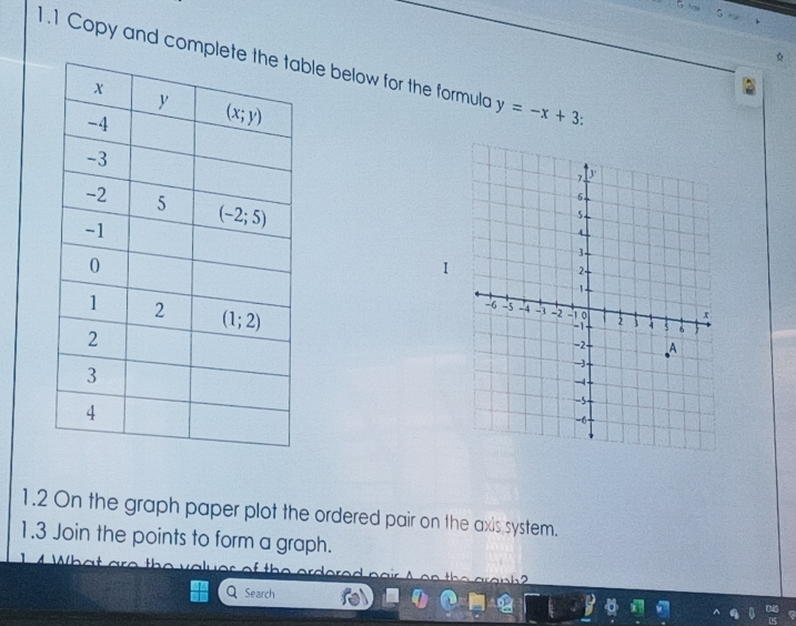 1.1 Copy and compleble below for the formula y=-x+3.
1.2 On the graph paper plot the ordered pair on the axis system.
1.3 Join the points to form a graph.
Search