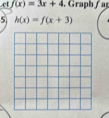 Let f(x)=3x+4. Graph ʃ ar 
5 h(x)=f(x+3)