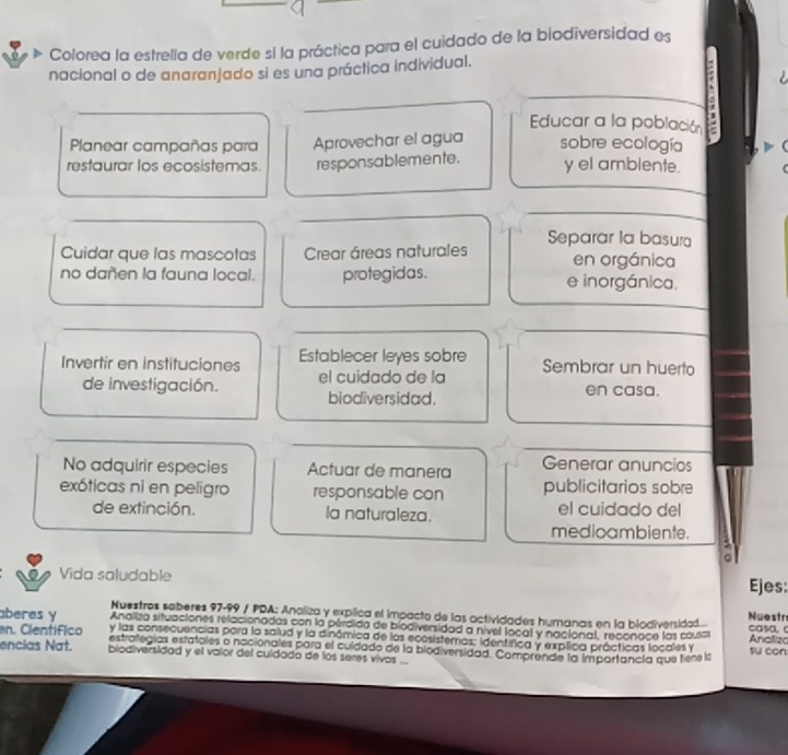 Colorea la estrella de verde si la práctica para el cuidado de la biodiversidad es 
nacional o de anaranjado si es una práctica individual. 
Educar a la población 1 
Planear campañas para Aprovechar el agua sobre ecología 
restaurar los ecosistemas. responsablemente. y el amblente. 
Separar la basura 
Cuidar que las mascotas Crear áreas naturales en orgánica 
no dañen la fauna local. protegidas. e inorgánica. 
Invertir en instituciones Establecer leyes sobre Sembrar un huerto 
de investigación. el cuidado de la en casa. 
biodiversidad. 
No adquirir especies Actuar de manera Generar anuncios 
exóticas ni en peligro responsable con publicitarios sobre 
de extinción. la naturaleza. el cuidado del 
medioambiente. 
0 
Vida saludable Ejes: 
Nuestros saberes 97-99 / PDA: Anoliza y explica el impacto de las actividades humanas en la biodiversidad Nuestr casa. ( 
Analiza situaciones relacionadas con la pérdido de biodiversidad a nivel local y nacional, reconace las cousa 
aberes y y las consecuencias pora la salud y la dinómica de los ecosistemas; identífica y explica prácticas locales y Analliza 
en. Científico estrategías estatales o nacionales para el culdado de la biodiversidad. Comprende la Importancia que tiene la su còn 
encias Nat. biodiversidad y el valor del culdado de los seres vivos ..