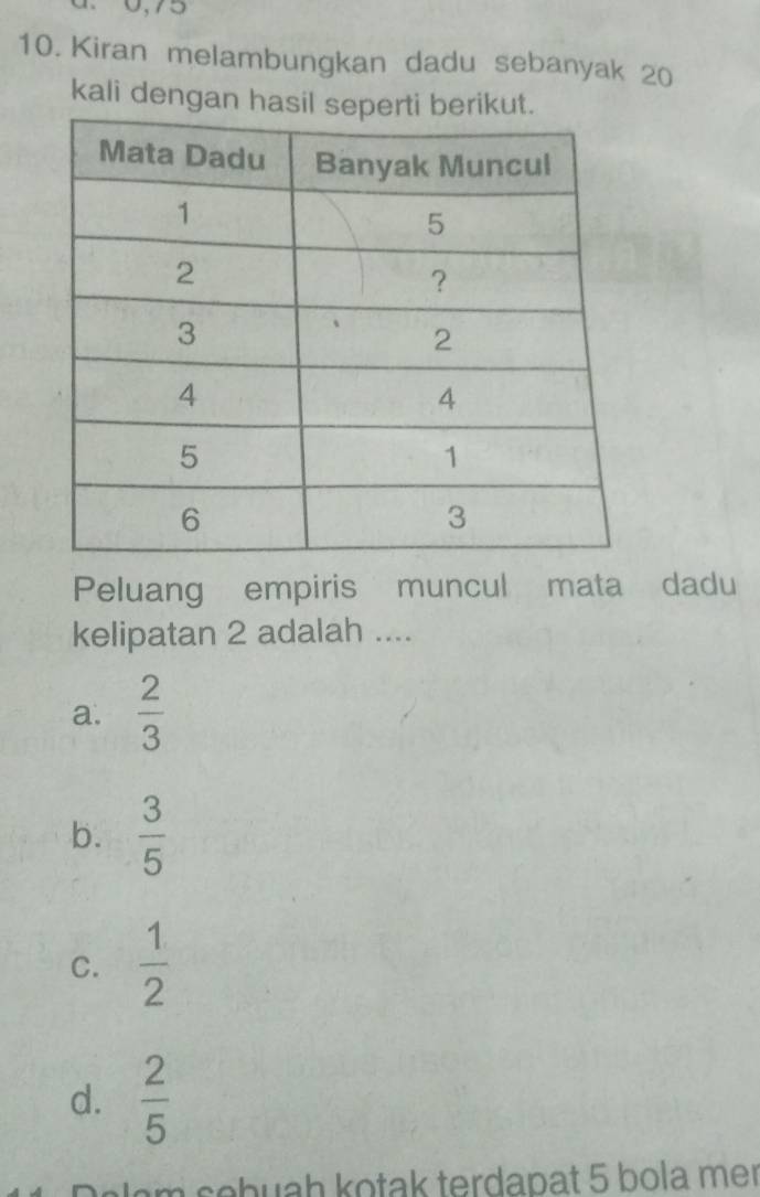 Kiran melambungkan dadu sebanyak 20
kali dengan hasil sepe bert.
Peluang empiris muncul mata dadu
kelipatan 2 adalah ....
a.  2/3 
b.  3/5 
C.  1/2 
d.  2/5 
m sebuah kotak terdapat 5 bola mer