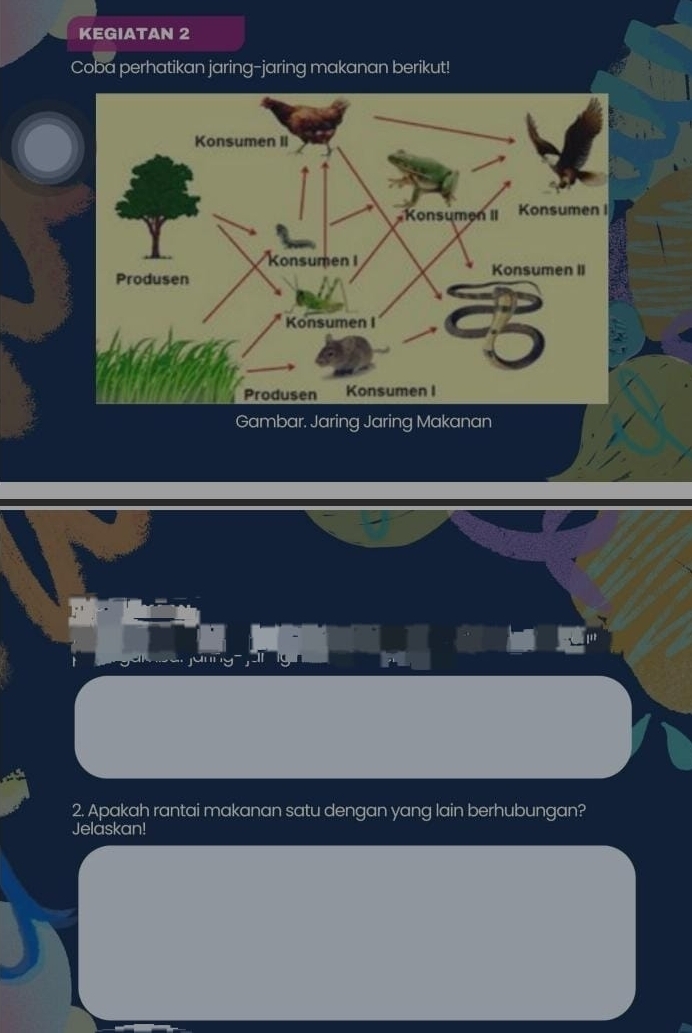 KEGIATAN 2 
Coba perhatikan jaring-jaring makanan berikut! 
Gambar. Jaring Jaring Makanan 
2. Apakah rantai makanan satu dengan yang lain berhubungan? 
Jelaskan!