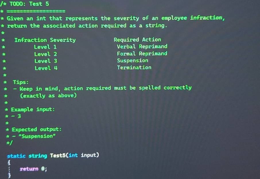 Solved: TODO: Test 5 * Given an int that represents the severity of an ...