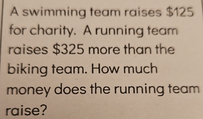 A swimming team raises $125
for charity. A running team 
raises $325 more than the 
biking team. How much 
money does the running team 
raise?