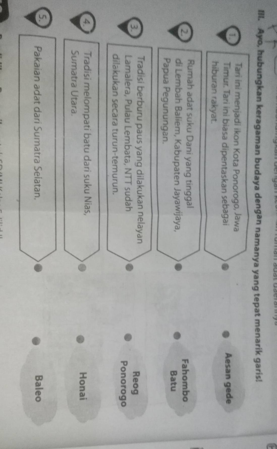 Ayo, hubungkan keragaman budaya dengan namanya yang tepat menarik garis!
a
Tari ini menjadi ikon Kota Ponorogo, Jawa
Timur. Tari ini biasa dipentaskan sebagai
Aesan gede
hiburan rakyat.
Rumah adat suku Dani yang tinggal
2 Fahombo
di Lembah Baliem, Kabupaten Jayawijaya,
Papua Pegunungan. Batu
Tradisi berburu paus yang dilakukan nelayan
8 Reog
Lamalera, Pulau Lembata, NTT sudah Ponorogo
dilakukan secara turun-temurun.
4. Tradisi melompati batu dari suku Nias,
Honai
Sumatra Utara.
5. Pakaian adat dari Sumatra Selatan. Baleo