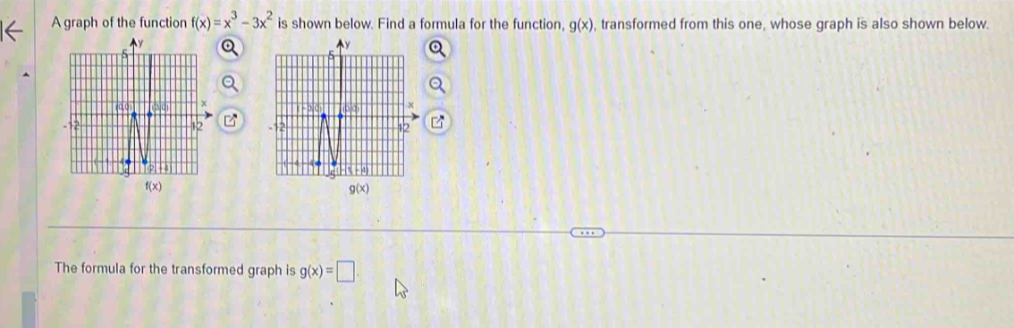 A graph of the function f(x)=x^3-3x^2 is shown below. Find a formula for the function, g(x) , transformed from this one, whose graph is also shown below.
f(x
g(x)
The formula for the transformed graph is g(x)=□.