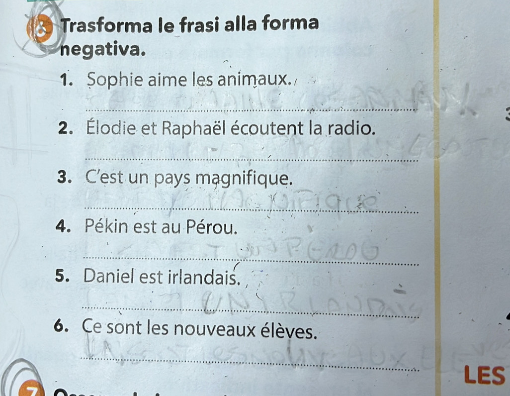 Trasforma le frasi alla forma 
negativa. 
1. Sophie aime les animaux. 
_ 
2. Élodie et Raphaël écoutent la radio. 
_ 
3. C'est un pays magnifique. 
_ 
4. Pékin est au Pérou. 
_ 
5. Daniel est irlandais. 
_ 
6. Ce sont les nouveaux élèves. 
_ 
LES