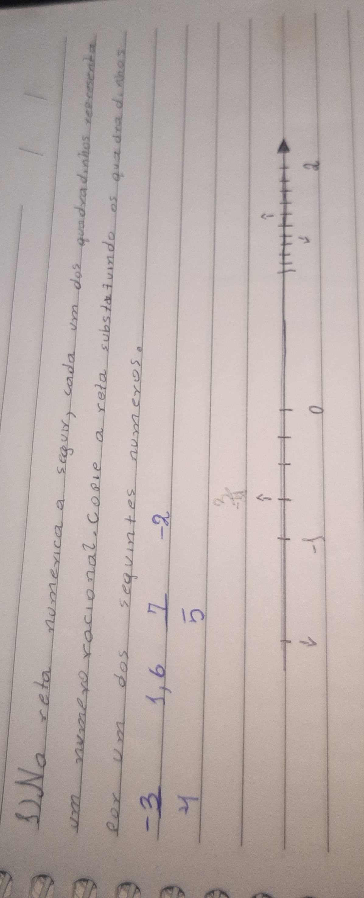 1)Na reta numerica a seguir, cada vm dos guadradnhes repeesenba 
um numero racional, Coove a reta substotundo os qua drado thos 
Por um dos sequintes numeros.
-3
s, 6 -a 
y 
 7/5  
_ 3 -5 hline endarray