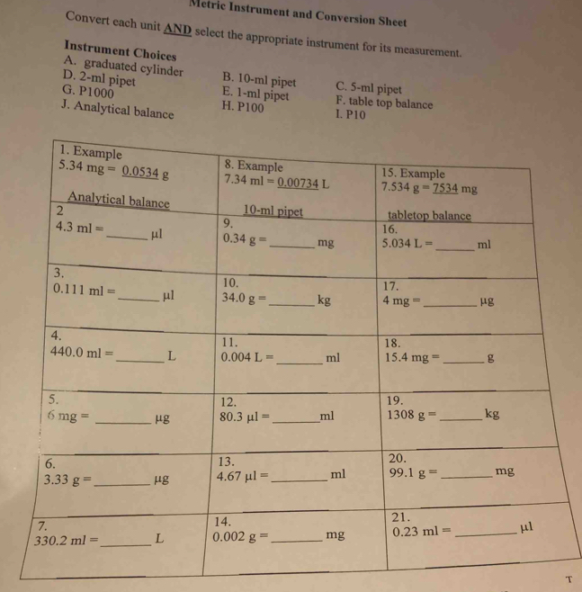 Solved: Metric Instrument and Conversion Sheet Convert each unit _ AND ...