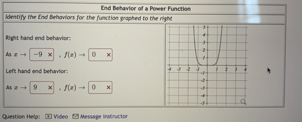 End Behavior of a Power Function 
Identify the End Behaviors for the function graphed to the right 
Right hand end behavior: 
As x -9 Y f(x) 0 × 
Left hand end behavior: 
As x 9 × f(x) 0 
Question Help: Video Message instructor