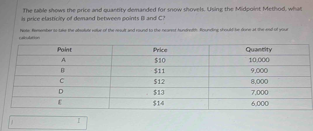 The table shows the price and quantity demanded for snow shovels. Using the Midpoint Method, what 
is price elasticity of demand between points B and C? 
Note: Remember to take the absolute value of the result and round to the nearest hundredth. Rounding should be done at the end of your 
calculation 
I