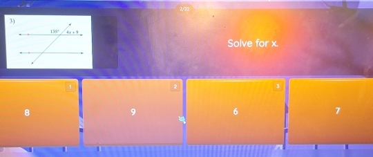 Solve for x.
1
2
3
8
9
6
7
 
I
T