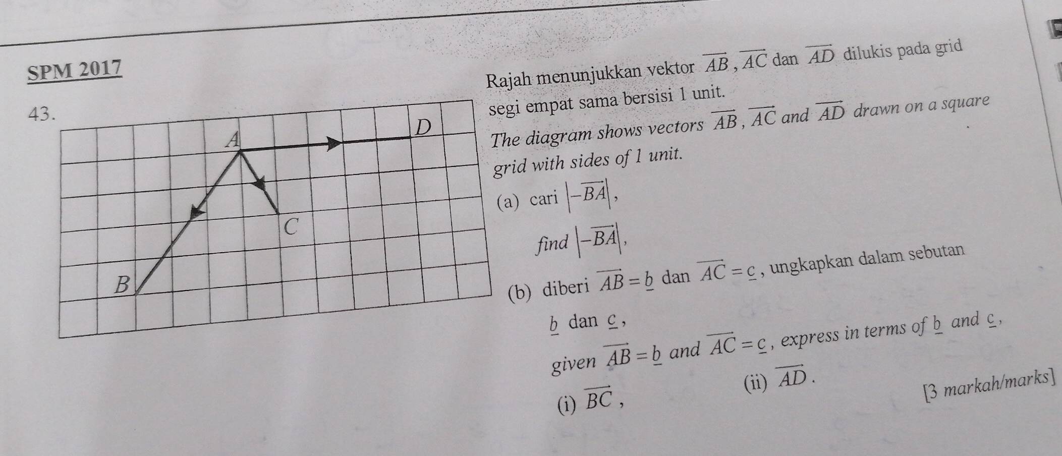 SPM 2017 
Rajah menunjukkan vektor vector AB, vector AC dan vector AD dilukis pada grid 
i empat sama bersisi 1 unit. 
43.and vector AD drawn on a square 
diagram shows vectors vector AB, vector AC
d with sides of 1 unit. 
) cari |-vector BA|, 
find |-vector BA|, 
b) diberi vector AB=_ b dan vector AC=_ c , ungkapkan dalam sebutan
b dan c , 
given vector AB=_ b and vector AC=_ c , express in terms of b and c, 
(ii) vector AD. 
(i) vector BC, 
[3 markah/marks]