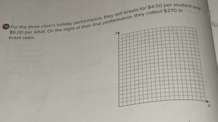 For the show choir's holiday performance, they sell tickets for $4.50 per student and
$6.00 per adult. On the night of their final performance, they collect $270 in 
ticket sales.