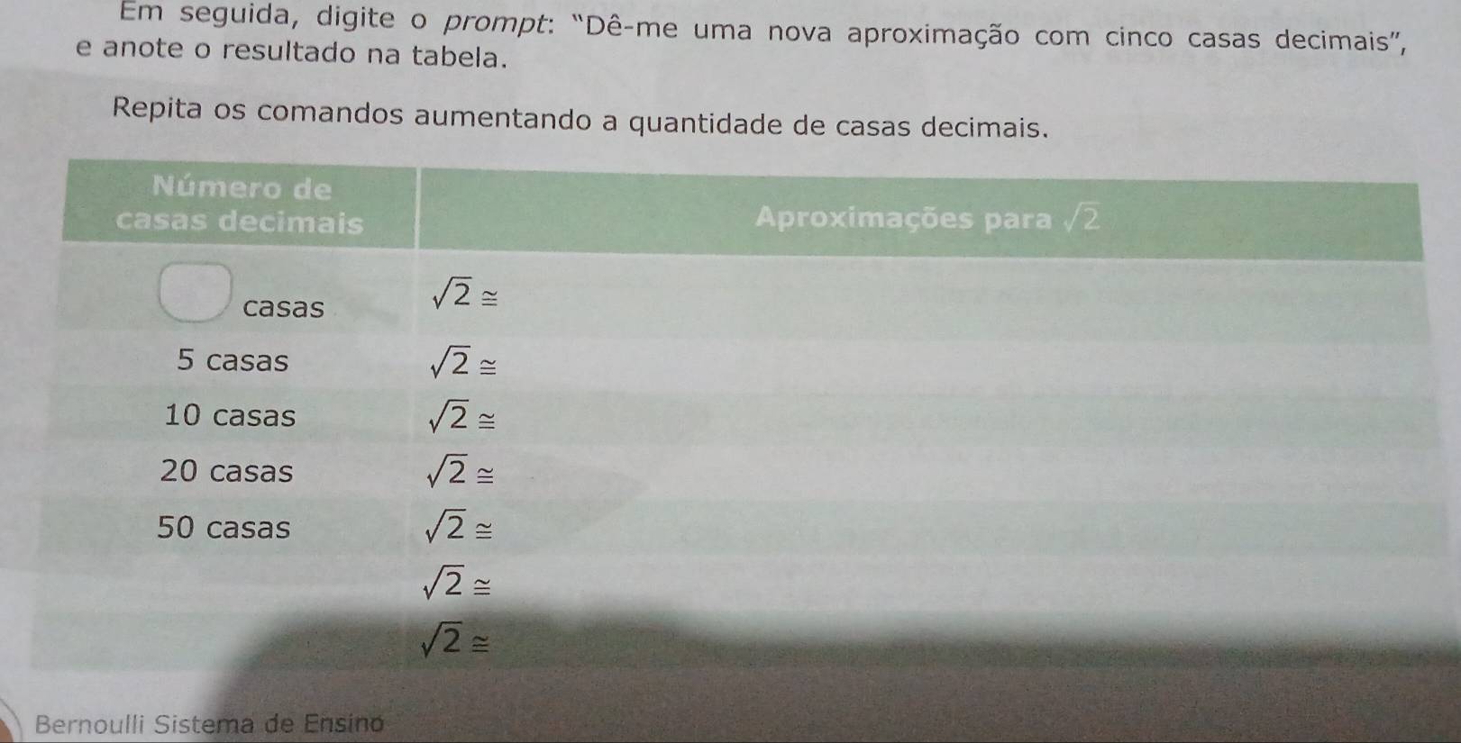 Em seguida, digite o prompt: “Dê-me uma nova aproximação com cinco casas decimais”,
e anote o resultado na tabela.
Repita os comandos aumentando a quantidade de casas decimais.
Bernoulli Sistema de Ensino