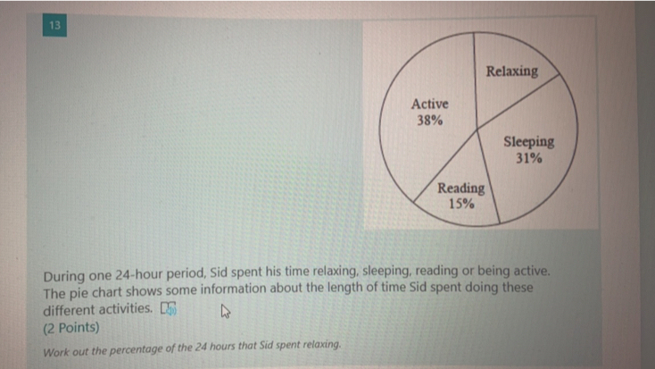 During one 24-hour period, Sid spent his time relaxing, sleeping, reading or being active. 
The pie chart shows some information about the length of time Sid spent doing these 
different activities. 
(2 Points) 
Work out the percentage of the 24 hours that Sid spent relaxing.