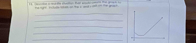 Describe o real-life situation that would create the graph to 
the right. Include labels on the x - and j -axis on the graph, 
_ 
_ 
_ 
_ 
_