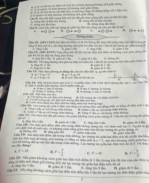 B. Tỷ lệ với độ lớn các điện tích và tỷ lệ với binh phương khoảng cách giữa chúng
C. Tỷ lệ nghịch với binh phương với khoảng cách giữa chúng
D. Tỷ lệ với tích độ lớn các điện tích, có phương trùng với đường thẳng với 2 điện tích,
tỷ lệ nghịch với bình phương với khoáng cách giữa chủng
Câu 8: Hai chất điểm mang điện tích khi đặt gần nhau chúng đầy nhau có thể kết luận:
A. chúng đều là điện tích dương B. chúng đều là điện tích âm
C. chúng trái dấu nhau D. chúng cũng dấu nhau
Câu 9: Cách biểu diễn lực tương tác giữa hai điện tích đứng yên nào sau đây là sai?
A. B. C. D.  enclosecircle4to 4- enclosecircle-
Thông hiểu
Câu 10: (SBT CTST) Hai điện tích điểm có độ lớn không đổi được đặt trong cùng một môi trường có
hằng số điện mội là c, nếu tăng khoảng cách giữa hai điện tích lên 2 lần thì lực tương tác giữa chúng sẽ:
A. Tăng 2 lần B. giám 2 lần C. tăng 4 lần D. giảm 4 lần
Cầu 11: (SBT KNTT) Tăng đồng thời độ lớn của hai điện tích điểm và khoảng cách giữa chúng lên
gấp đội thì lực điện tác dụng giữa chúng
A. tăng lên 2 lần. B. giám đi 2 lần. C. giâm đi 4 lần. D. không đổi.
Cầu 12: Nếu tăng khoảng cách giữa hai điện tích điểm lên 3 lần thì lực tương tác tĩnh điện giữa chúng sẽ
A. tăng lên 3 lần,
C. tăng lên 9 lần. D. giám đi 9 lần. B. giảm đi 3 lần.
Cầu 13: Hãy chọn phương án đúng dầu của các điện tích qi ,q2 trên hình là
A. q_1>0_2<0</tex> B. q_1>0;q_2>0 F_21 overline F_12
C. q_1<0;q_2<0</tex> D. B và C đều có thể xây ra
41
Câu 14: Bốn vật kích thước nhỏ A,B, C, D nhiễm điện. Vật A hút vật B nhưng đẩy vật C, vật C hót vật
D. Biết A nhiễm điện dương. Hỏi B nhiễm điện gì:
A. B âm, C âm, D dương. B. B âm, C dương, D dương
C. B âm. C dương, D âm D. B dương, C âm, D dương
Câu 15: Một điện tích âm:
A. Chỉ tương tác với điện tích dương; B. Chỉ tương tác với điiện tích âm;
C. Có thể tương tác với điện tích dương lẫn điện tích âm;
D. Luồn chỉa thành hai điện tích âm bằng nhau tuỳ trường hợp:
Câu 16: Lực tương tác giữa 2 điện tích đứng yên trong điện môi đồng chất, có hằng số điện môi ε thị
A. Tăng ε lần so với trong chân không. B. Giảm e lần so với trong chân không,
C. Giám c^2 lần so với trong chân không. D. Tăng c^2 lần so với trong chân không.
Câu 17: Hai điện tích đặt gần nhau, nều giảm khoảng cách giữa chúng di 2 lần thì lực tương tác giữa
vật sẽ;
A. tăng lên 2 lần B. giảm đi 2 lần C. tăng lên 4 lần D. giám đi 4 lần
Câu 18: Hai điện tích điểm nằm yên trong chân không tương tác với nhau một lực F. Người ta gii
mỗi điện tích đi một nửa, và khoảng cách cũng giảm một nửa thì lực tương tác giữa chúng sẽ:
A. không đổi B. tăng gắp đôi C. giảm một nửa D. giảm bốn lần
Câu 19: Hai điện tích điểm đặt trong chân không, lực tương tác giữa hai điện tích đó có độ lớn bằng
Đặt hai điện tích đó trong môi trường có hằng số diện môi là varepsilon =2 , sao cho khoàng cách giữa hai (
tích đó không đổi so với khi đặt trong chân không. Lực tương tác giữa hai điện tích đó là F. Hệ thức
sau đây đủng?
A. F=2F. B. F'= F/2 . C. F=4F. D. F'= F/4 .
Cầu 20: Nếu giảm khoảng cách giữa hai điện tích điểm đi 3 lần (trong khi độ lớn của các điện tía
hàng số điện môi được giữ không đổi) thì lực tương tác giữa hai điện tích đó sẽ
B. giảm đi 3 lần.
A. tăng lên 3 lần, C. tăng lên 9 lần. D. giảm đi 9 lần.
Cầu 21: Nếu tăng khoảng cách giữa hai điện tích điểm lên 5 lần thì lực tương tác tĩnh điện giữa chứa
2