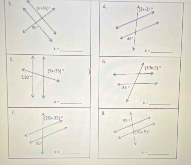 x=
7.
8.
(20x-35)^circ 
85°
_ x=
_ x=