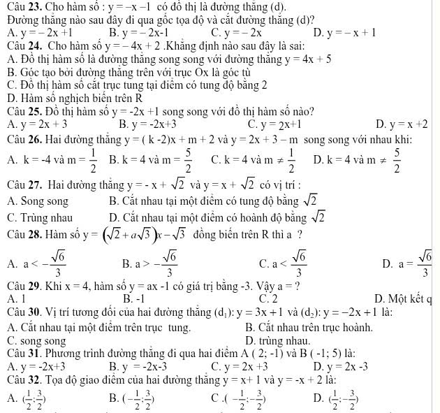 Cho hàm số : y=-x-1 có đồ thị là đường thăng (d).
Đường thắng nào sau đây đi qua gốc tọa độ và cắt đường thắng (d)?
A. y=-2x+1 B. y=-2x-1 C. y=-2x D. y=-x+1
Câu 24. Cho hàm số y=-4x+2 Khăng định nào sau đây là sai:
A. Đồ thị hàm số là đường thăng song song với đường thăng y=4x+5
B. Góc tạo bởi đường thăng trên với trục Ox là góc tù
C. Đồ thị hàm số cắt trục tung tại điểm có tung độ bằng 2
D. Hàm số nghịch biển trên R
Câu 25. Đồ thị hàm số y=-2x+1 song song với đồ thị hàm số nào?
A. y=2x+3 B. y=-2x+3 C. y=2x+1 D. y=x+2
Câu 26. Hai đường thắng y=(k-2)x+m+2 và y=2x+3-m song song với nhau khi:
A. k=-4vam= 1/2  B. k=4 và m= 5/2  C. k=4vim!=  1/2  D. k=4 và m!=  5/2 
Câu 27. Hai đường thăng y=-x+sqrt(2) và y=x+sqrt(2) có vị trí :
A. Song song B. Cắt nhau tại một điểm có tung độ bằng sqrt(2)
C. Trùng nhau D. Cắt nhau tại một điểm có hoành độ bằng sqrt(2)
Câu 28. Hàm số y=(sqrt(2)+asqrt(3))x-sqrt(3) đồng biến trên R thì a ?
A. a<- sqrt(6)/3  B. a>- sqrt(6)/3  C. a D. a= sqrt(6)/3 
Câu 29. Khi x=4 , hàm số y=ax-1 có giá trị bằng -3. V hat aya= ?
A. 1 B. -1 C. 2 D. Một kết q
Câu 30. Vị trí tương đồi của hai đường thăng (d_1):y=3x+1 và (d_2):y=-2x+1 là:
A. Cắt nhau tại một điểm trên trục tung. B. Cắt nhau trên trục hoành.
C. song song D. trùng nhau.
Câu 31. Phương trình đường thăng đi qua hai điểm A(2;-1) và B(-1;5) là:
A. y=-2x+3 B. y=-2x-3 C. y=2x+3 D. y=2x-3
Câu 32. Tọa độ giao điểm của hai đường thắng y=x+1 và y=-x+2 là:
A. ( 1/2 ; 3/2 ) B. (- 1/2 ; 3/2 ) C.(- 1/2 ;- 3/2 ) D. ( 1/2 ;- 3/2 )