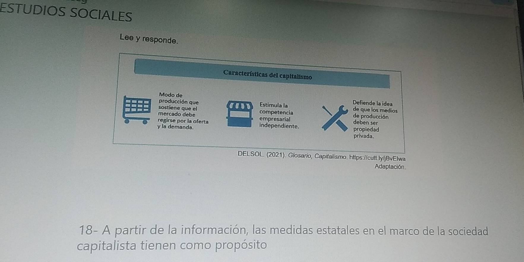 ESTUDIOS SOCIALES 
Lee y responde. 
Características del capitalismo 
Modo de Defiende la idea 
producción queEstimula lade que los medios 
sostiene que elcompetenciade producción 
mercado debeempresarialdeben ser 
regirse por la ofertaindependiente. 
y la demanda. propiedad 
privada. 
DELSOL. (2021). Glosario, Capitalismo. https://cutt.ly/jBvElwa 
Adaptación. 
18- A partir de la información, las medidas estatales en el marco de la sociedad 
capitalista tienen como propósito