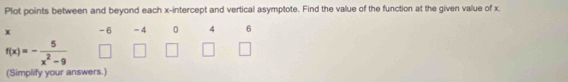 Plot points between and beyond each x-intercept and vertical asymptote. Find the value of the function at the given value of x
x -6 - 4 0 4 6
f(x)=- 5/x^2-9 
(Simplify your answers.)