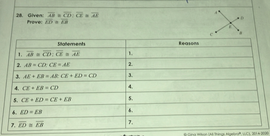 Given: overline AB≌ overline CD:overline CE≌ overline AE
Prove: overline ED≌ overline EB
Ging Wilson (All Things Algebra', LLC), 2014-2020