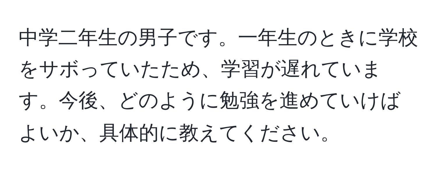 中学二年生の男子です。一年生のときに学校をサボっていたため、学習が遅れています。今後、どのように勉強を進めていけばよいか、具体的に教えてください。