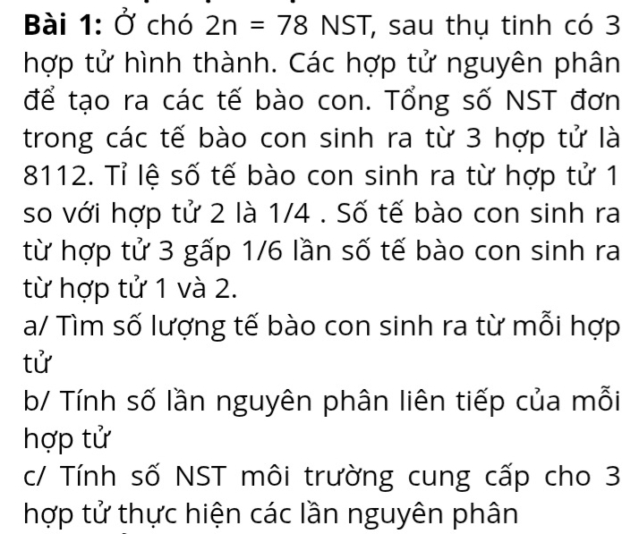 Ở chó 2n=78NST, , sau thụ tinh có 3
hợp tử hình thành. Các hợp tử nguyên phân 
để tạo ra các tế bào con. Tổng số NST đơn 
trong các tế bào con sinh ra từ 3 hợp tử là
8112. Tỉ lệ số tế bào con sinh ra từ hợp tử 1
so với hợp tử 2 là 1/4. Số tế bào con sinh ra 
từ hợp tử 3 gấp 1/6 lần số tế bào con sinh ra 
từ hợp tử 1 và 2. 
a/ Tìm số lượng tế bào con sinh ra từ mỗi hợp 
tử 
b/ Tính số lần nguyên phân liên tiếp của mỗi 
hợp tử 
c/ Tính số NST môi trường cung cấp cho 3
hợp tử thực hiện các lần nguyên phân