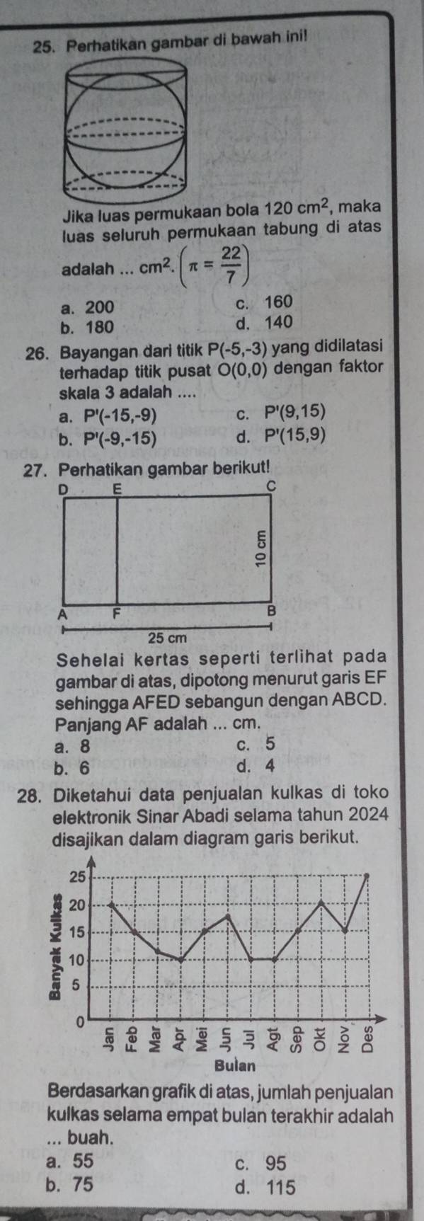 Perhatikan gambar di bawah ini!
Jika luas permukaan bola 120cm^2 , maka
luas seluruh permukaan tabung di atas
adalah ... cm^2.(π = 22/7 )
a. 200 c. 160
b. 180 d. 140
26. Bayangan dari titik P(-5,-3) yang didilatasi
terhadap titik pusat O(0,0) dengan faktor
skala 3 adalah ....
a. P'(-15,-9) C. P'(9,15)
b. P'(-9,-15) d. P'(15,9)
27. Perhatikan gambar berikut!
Sehelai kertas seperti terlihat pada
gambar di atas, dipotong menurut garis EF
sehingga AFED sebangun dengan ABCD.
Panjang AF adalah ... cm.
a. 8 c. 5
b. 6 d. 4
28. Diketahui data penjualan kulkas di toko
elektronik Sinar Abadi selama tahun 2024
disajikan dalam diagram garis berikut.
Berdasarkan grafik di atas, jumlah penjualan
kulkas selama empat bulan terakhir adalah
_... buah.
a. 55 c. 95
b. 75 d. 115