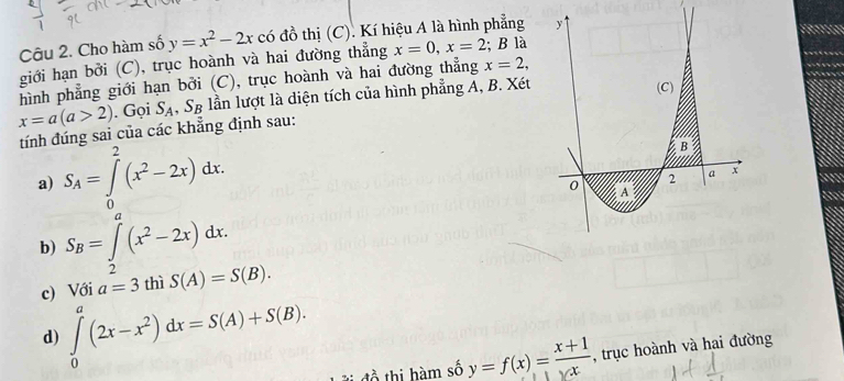 Cho hàm số y=x^2-2x có đồ thị (C). Kí hiệu A là hình phẳng 
giới hạn bởi (C), trục hoành và hai đường thẳng x=0, x=2; B là 
hình phẳng giới hạn bởi (C), trục hoành và hai đường thẳng x=2,
x=a(a>2). Gọi S_A, S_B lần lượt là diện tích của hình phẳng A, B. Xét 
tính đúng sai của các khẳng định sau: 
a) S_A=∈tlimits _0^(2(x^2)-2x)dx. 
b) S_B=∈tlimits _2^(a(x^2)-2x)dx. 
c) Với a=3 thì S(A)=S(B). 
d) ∈tlimits _0^(a(2x-x^2))dx=S(A)+S(B). 
l đồ thi hàm số y=f(x)= (x+1)/sqrt(x)  , trục hoành và hai đường