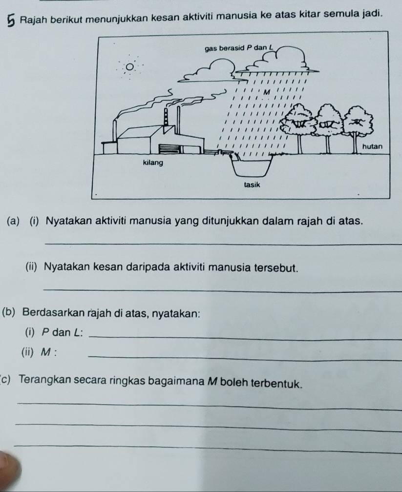 Rajah berikut menunjukkan kesan aktiviti manusia ke atas kitar semula jadi. 
(a) (i) Nyatakan aktiviti manusia yang ditunjukkan dalam rajah di atas. 
_ 
(ii) Nyatakan kesan daripada aktiviti manusia tersebut. 
_ 
(b) Berdasarkan rajah di atas, nyatakan: 
(i) P dan L :_ 
(ii) M :_ 
(c) Terangkan secara ringkas bagaimana M boleh terbentuk. 
_ 
_ 
_