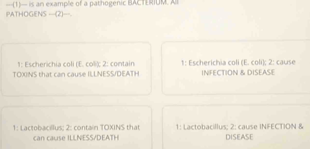 (1)— is an example of a pathogenic BACTERIUM. All 
PATHOGENS --_(2)_-_. 
1: Escherichia coli (E. coli); 2: contain 1: Escherichia coli (E. coli); 2: cause 
TOXINS that can cause ILLNESS/DEATH INFECTION & DISEASE 
1: Lactobacillus; 2: contain TOXINS that 1: Lactobacillus; 2: cause INFECTION & 
can cause ILLNESS/DEATH DISEASE